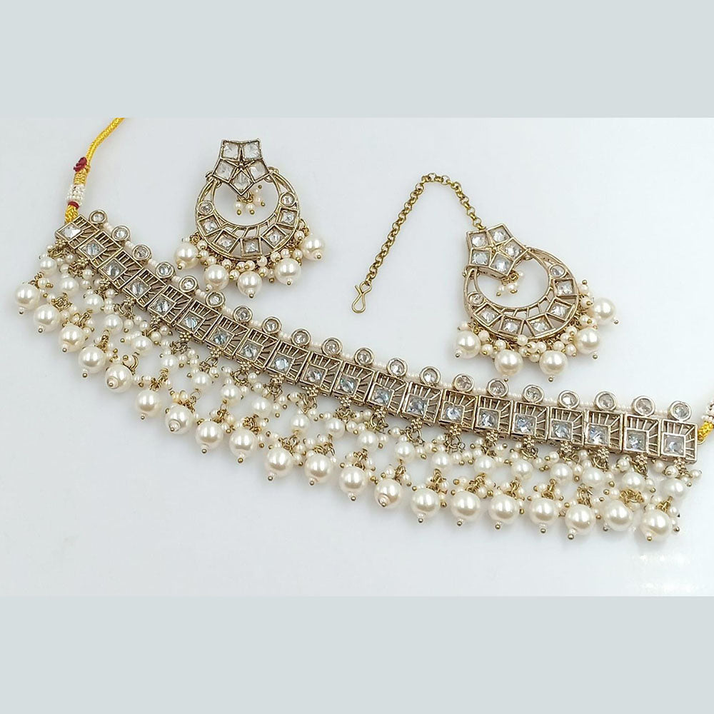 FS Collection Gold Plated Crystal Stone And Pearl Choker Necklace Set