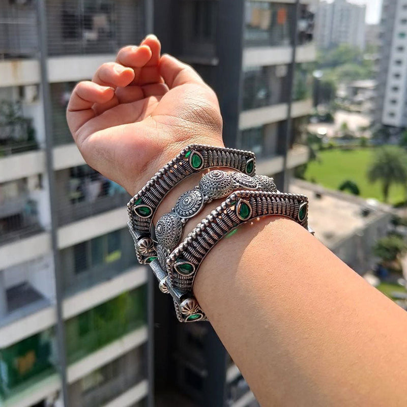 FS Collection Oxidised Plated Crystal Stone Bangles Set