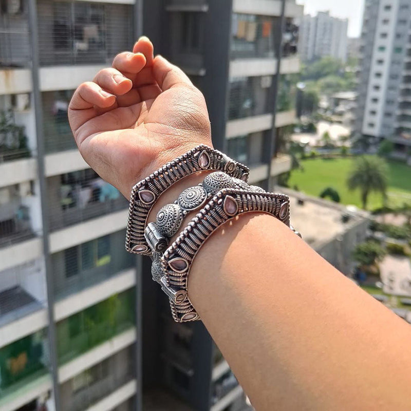 FS Collection Oxidised Plated Crystal Stone Bangles Set