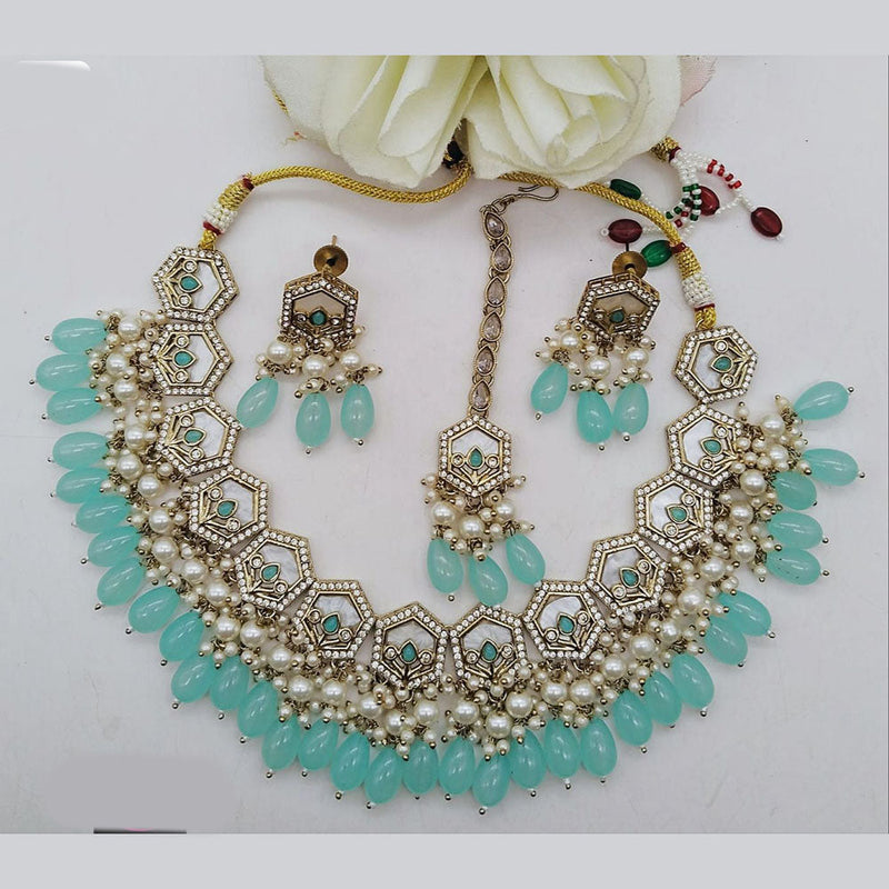 FS Collection Gold Plated Kundan Stone And Pearls Necklace Set