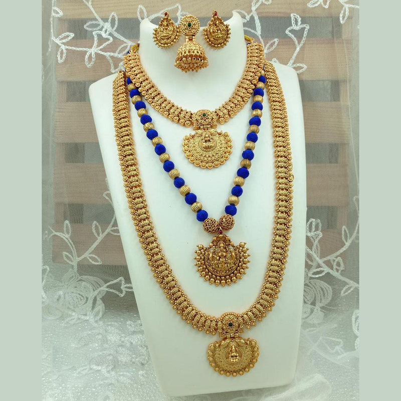 Fs Collection Gold Plated Pota Stone Temple Long Necklace Combo Set