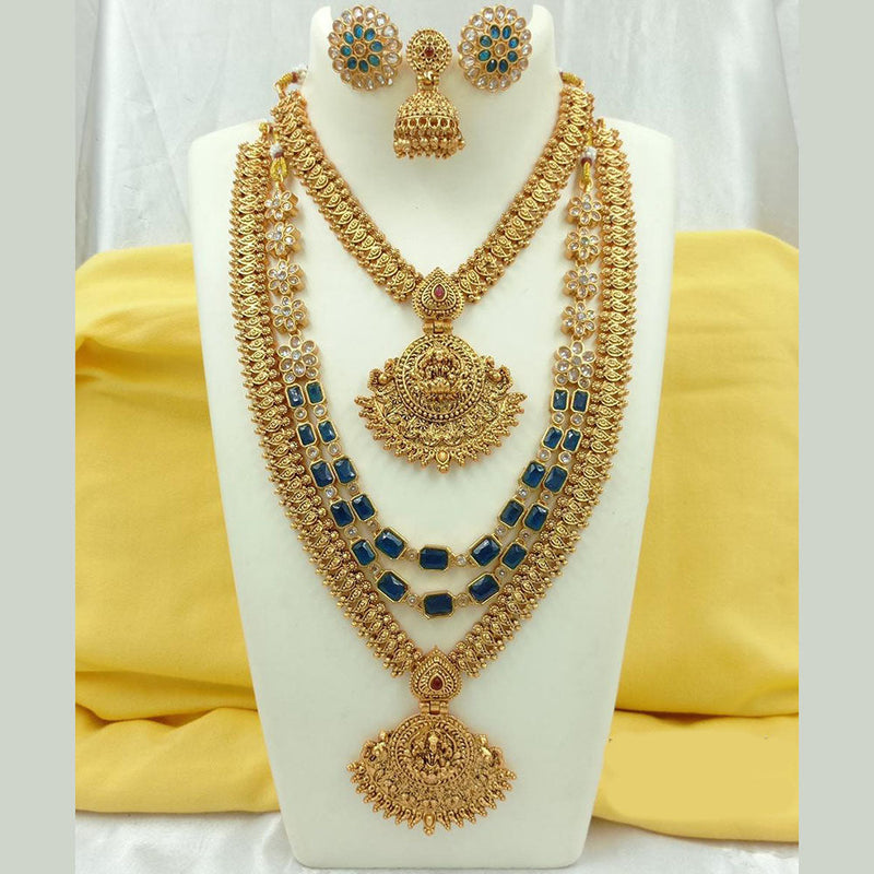 Fs Collection Gold Plated Crystal Stone Temple Long Necklace Combo Set