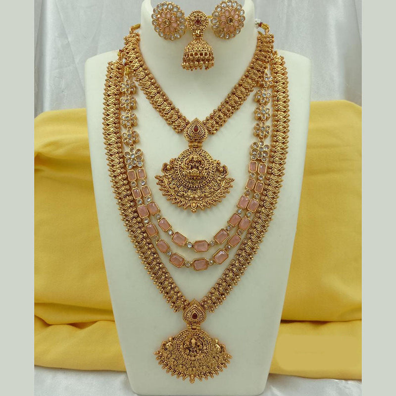 Fs Collection Gold Plated Crystal Stone Temple Long Necklace Combo Set