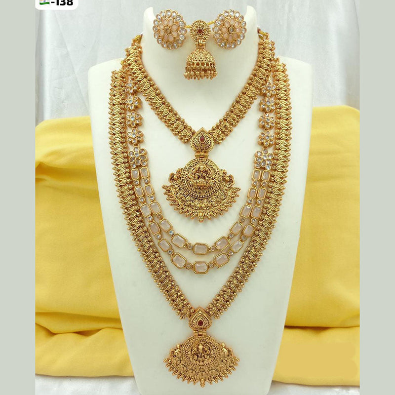 Fs Collection Gold Plated Crystal Stone Temple Long Necklace Combo Set