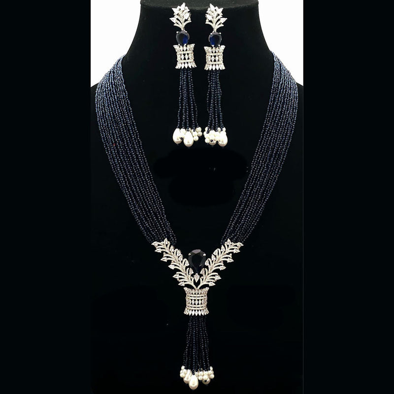 FS Collection Silver Plated AD And Pearls Multi Layer Long Necklace Set