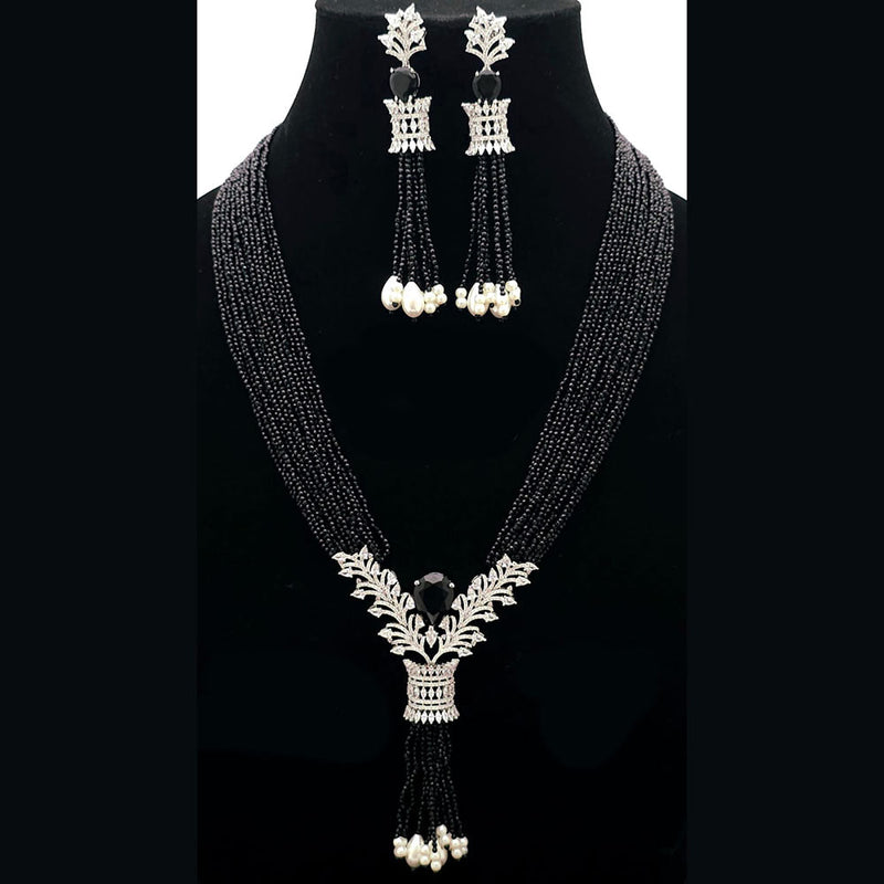 FS Collection Silver Plated AD And Pearls Multi Layer Long Necklace Set