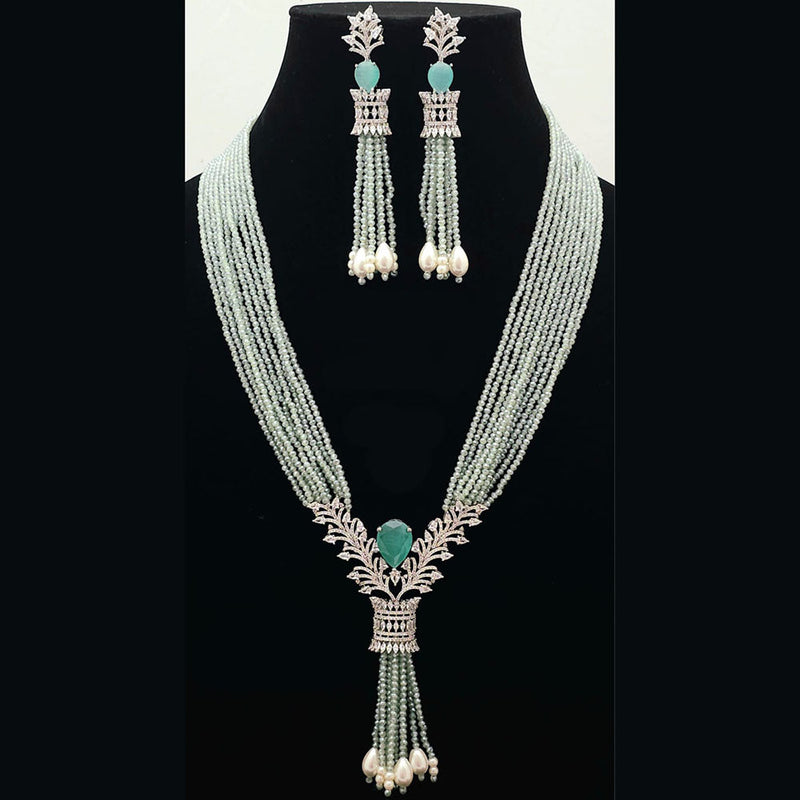 FS Collection Silver Plated AD And Pearls Multi Layer Long Necklace Set