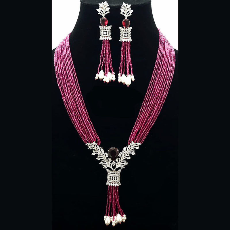 FS Collection Silver Plated AD And Pearls Multi Layer Long Necklace Set