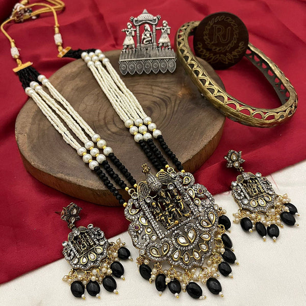 Fs Collection 2 Tone Plated Polki Kundan Stone And Pearls Temple Long Necklace Set