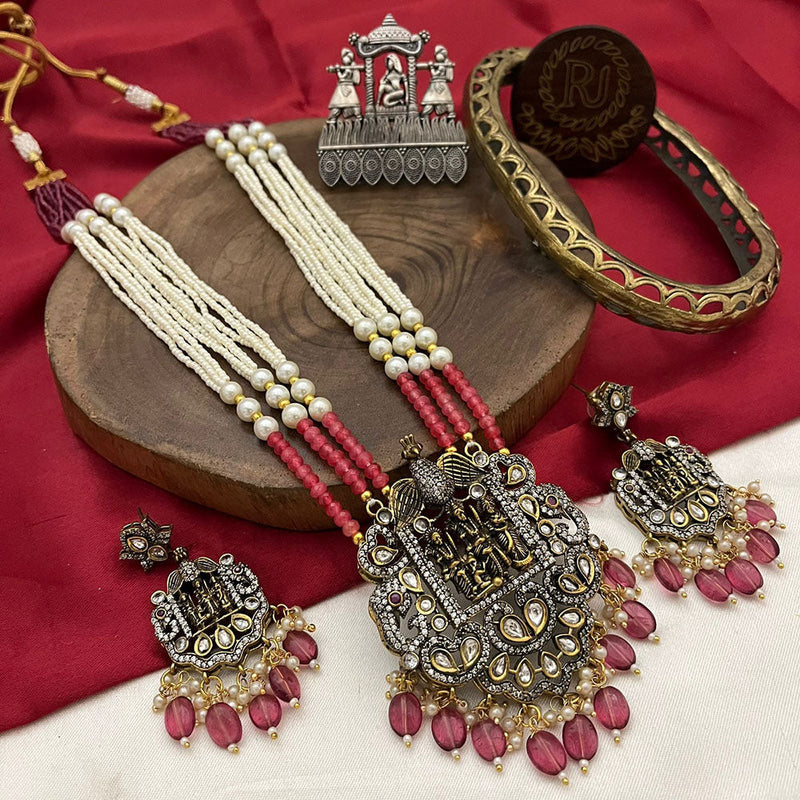 Fs Collection 2 Tone Plated Polki Kundan Stone And Pearls Temple Long Necklace Set