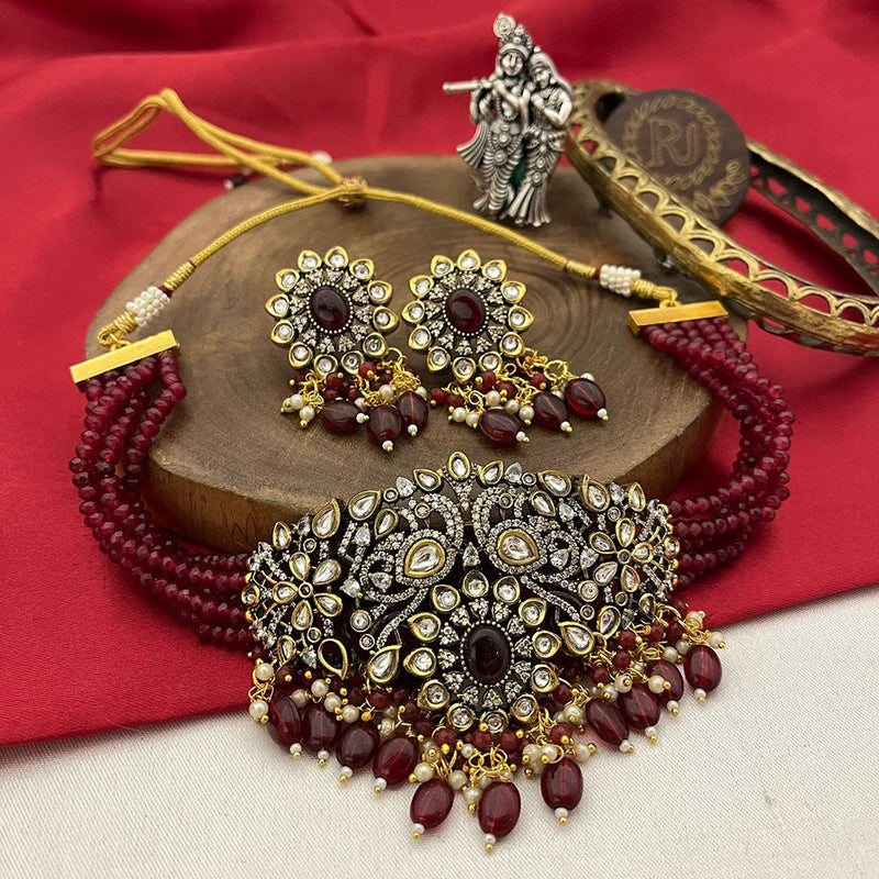 FS Collection 2 Tone Polki Kundan Stone And Pearls Choker Necklace Set