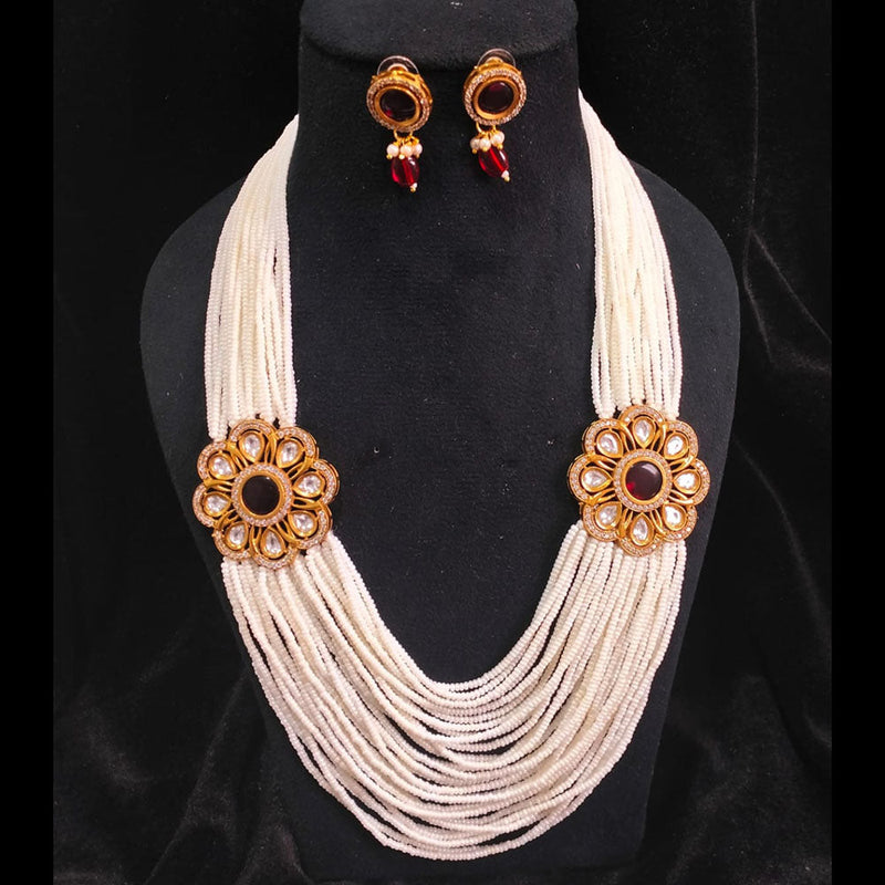 FS Collection Gold Plated Pearl And Kundan Stone Necklace Set