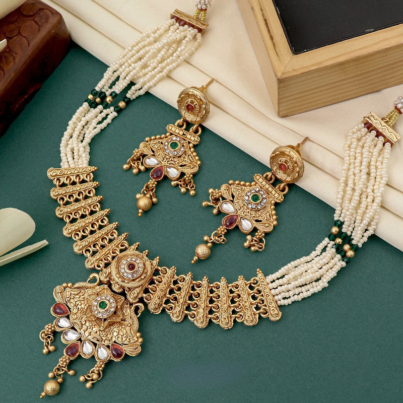 FS Collection Gold Plated Kundan Stone And Pearl Necklace Set