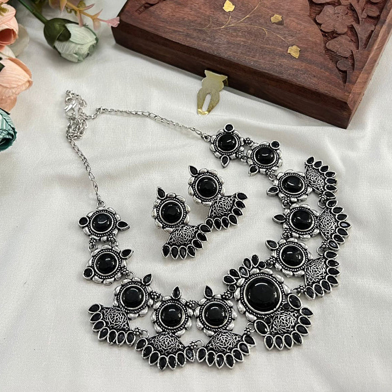 FS Collection Oxidised Plated Pota Stone Necklace Set