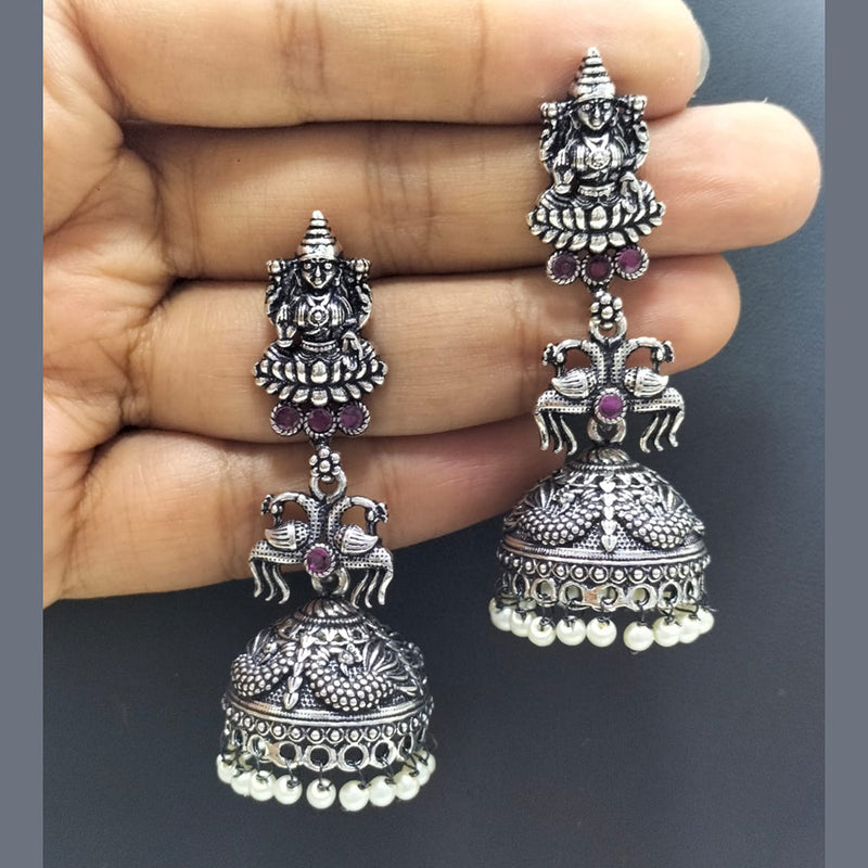 FS Collection Oxidised Plated Pota Stone Temple Dangler Earrings