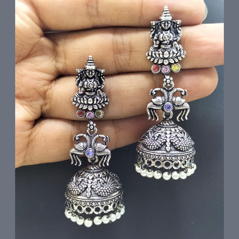 FS Collection Oxidised Plated Pota Stone Temple Dangler Earrings