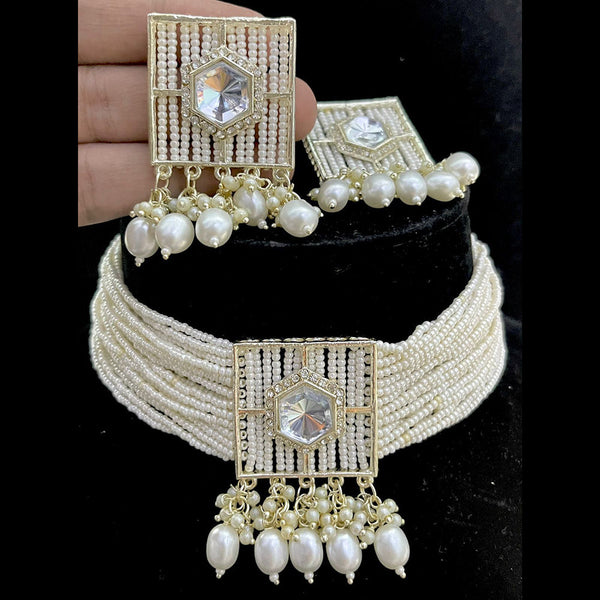 FS Collection Gold Plated Austrian Stone And Pearls Choker Necklace Set