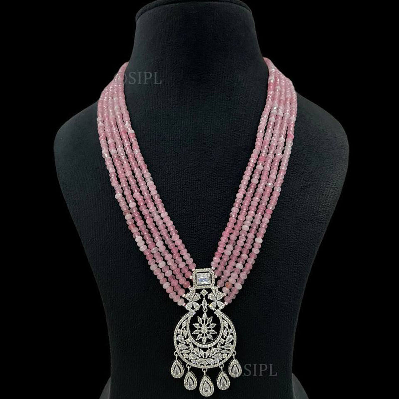 FS Collection Silver Plated AD Stone Pearls Long Necklace Set