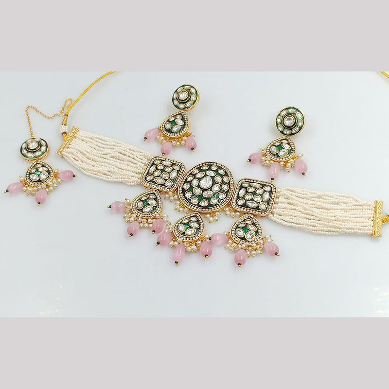 FS Collection Gold Plated Polki Kundan Stone And Pearls Choker Necklace Set