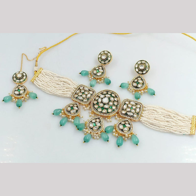 FS Collection Gold Plated Polki Kundan Stone And Pearls Choker Necklace Set