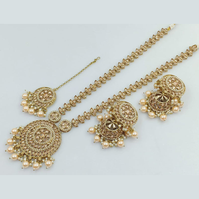 FS Collection Gold Plated Crystal Stone And Pearls Long Necklace Set