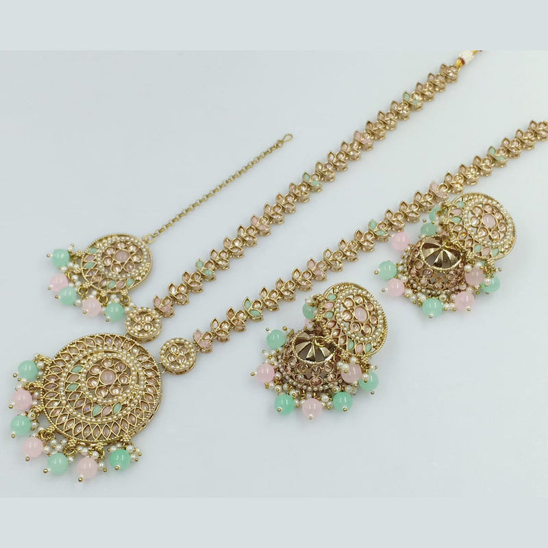 FS Collection Gold Plated Crystal Stone And Pearls Long Necklace Set