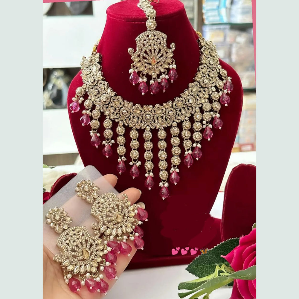 FS Collection Gold Plated Crystal Stone And Pearls Necklace Set