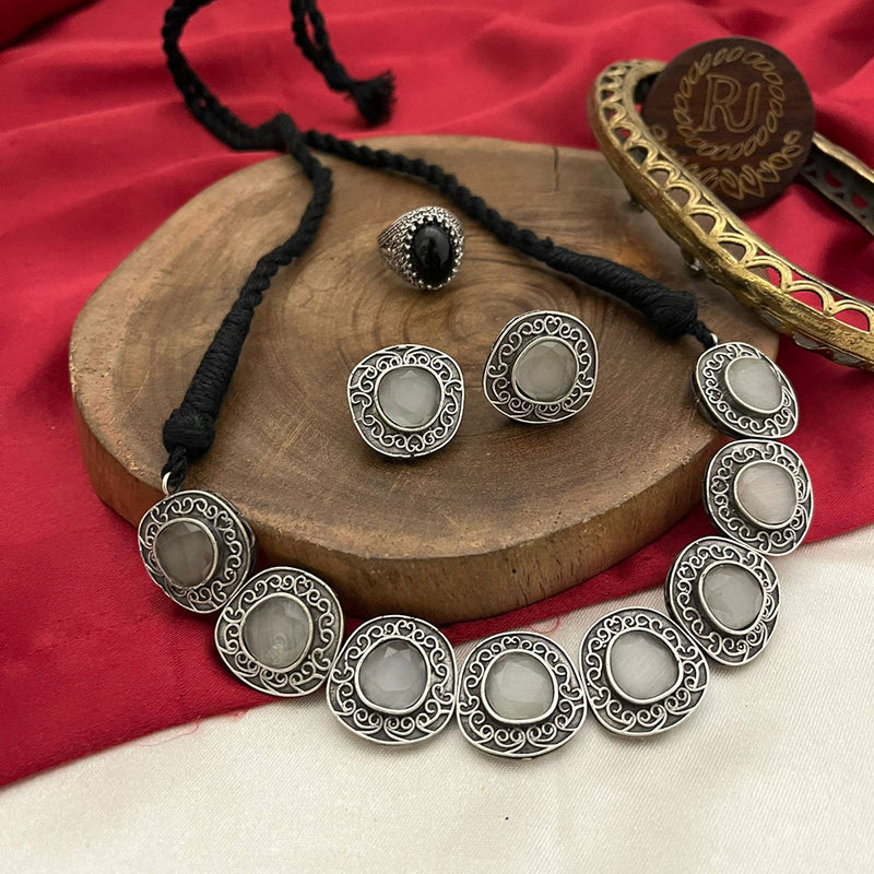 FS Collection Oxidised Plated Pota Stone Necklace Set