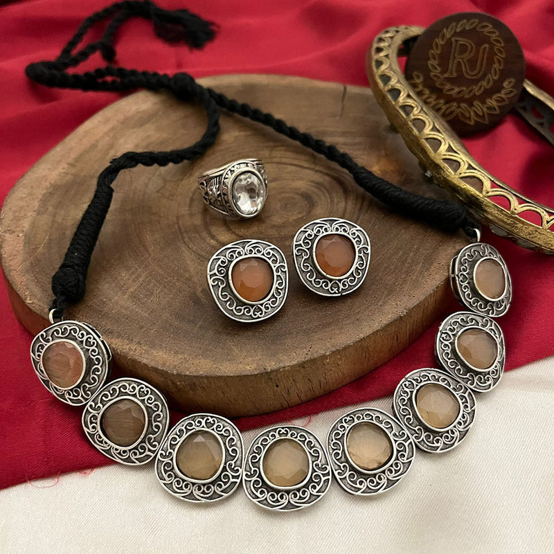 FS Collection Oxidised Plated Pota Stone Necklace Set