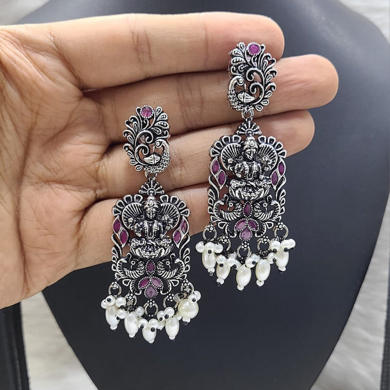 FS Collection Oxidised Plated Crystal Stone Temple Dangler Earrings