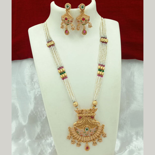 FS Collection Gold Plated Pota Stone And Pearl Meenakari Long Necklace Set