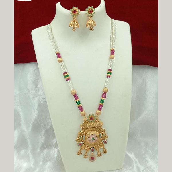 FS Collection Gold Plated Pota Stone And Pearl Meenakari Long Necklace Set