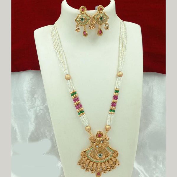 FS Collection Gold Plated Pota Stone And Pearl Meenakari Long Necklace Set