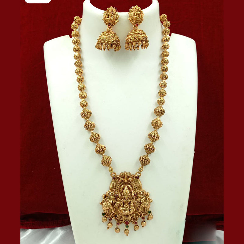 FS Collection Gold Plated Pota Stone And Pearl Temple Long Necklace Set