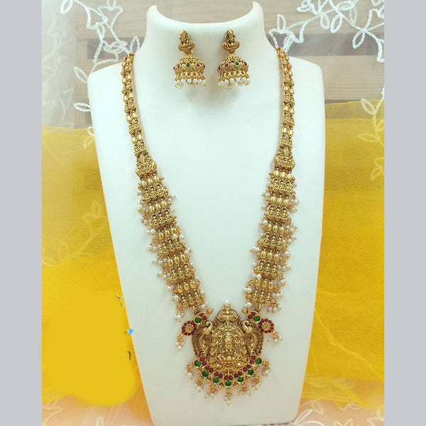 FS Collection Gold Plated Pota Stone And Pearl Temple Long Necklace Set