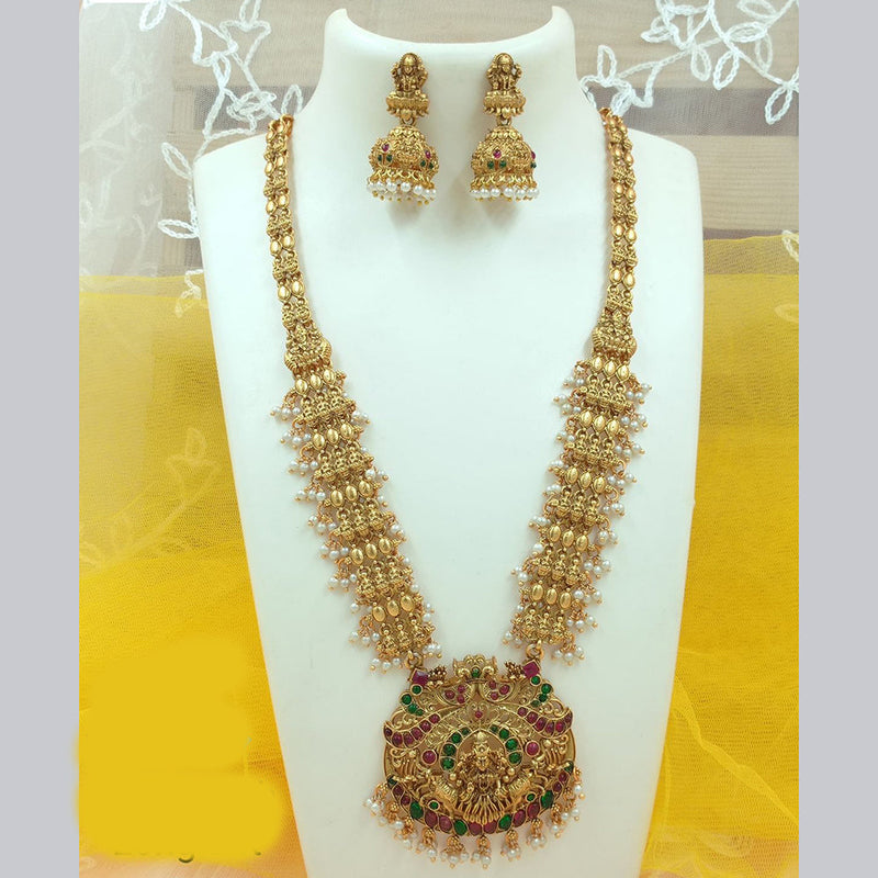 FS Collection Gold Plated Pota Stone And Pearl Temple Long Necklace Set