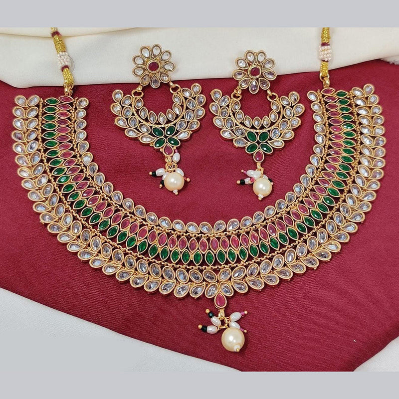 FS Collection Gold Plated Crystal Stone And Pearls Necklace Set