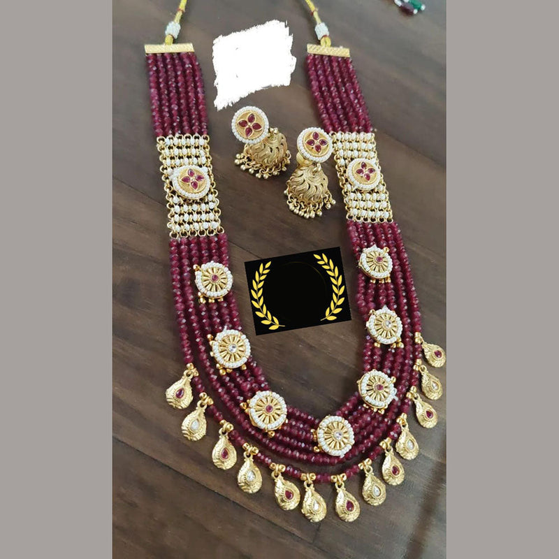 FS Collection Gold Plated Pota Stone And Pearls Long Necklace Set