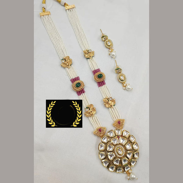 FS Collection Gold Plated Kundan Stone And Pearls Long Necklace Set