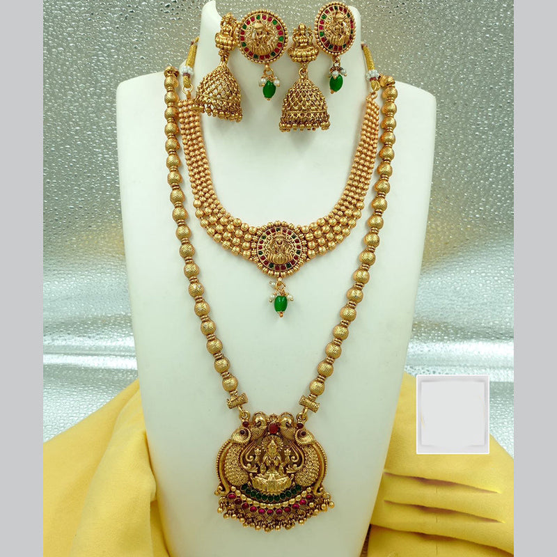 FS Collection Gold Plated Pota Stone Temple Double Necklace Set