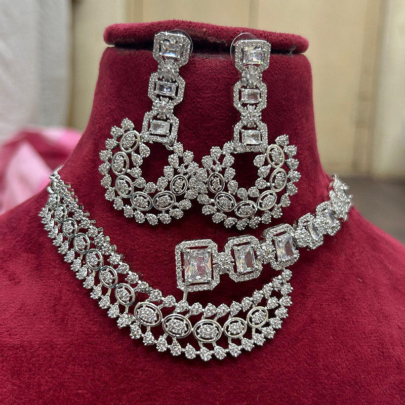 FS Collection Silver Plated AD Choker Necklace Set