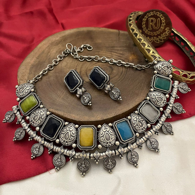 FS Collection Oxidised Plated Crystal Stone Temple Necklace Set