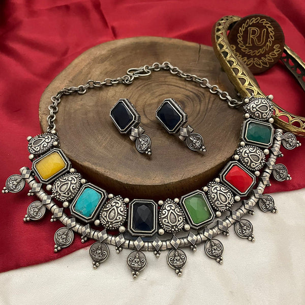 FS Collection Oxidised Plated Crystal Stone Temple Necklace Set