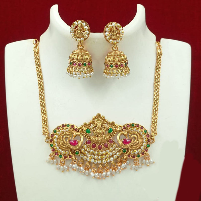 FS Collection Gold Plated Kundan Stone And Pearls Temple Necklace Set