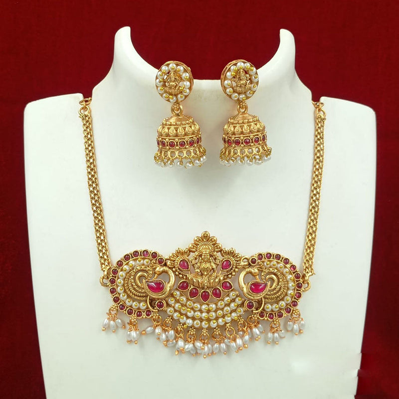 FS Collection Gold Plated Kundan Stone And Pearls Temple Necklace Set