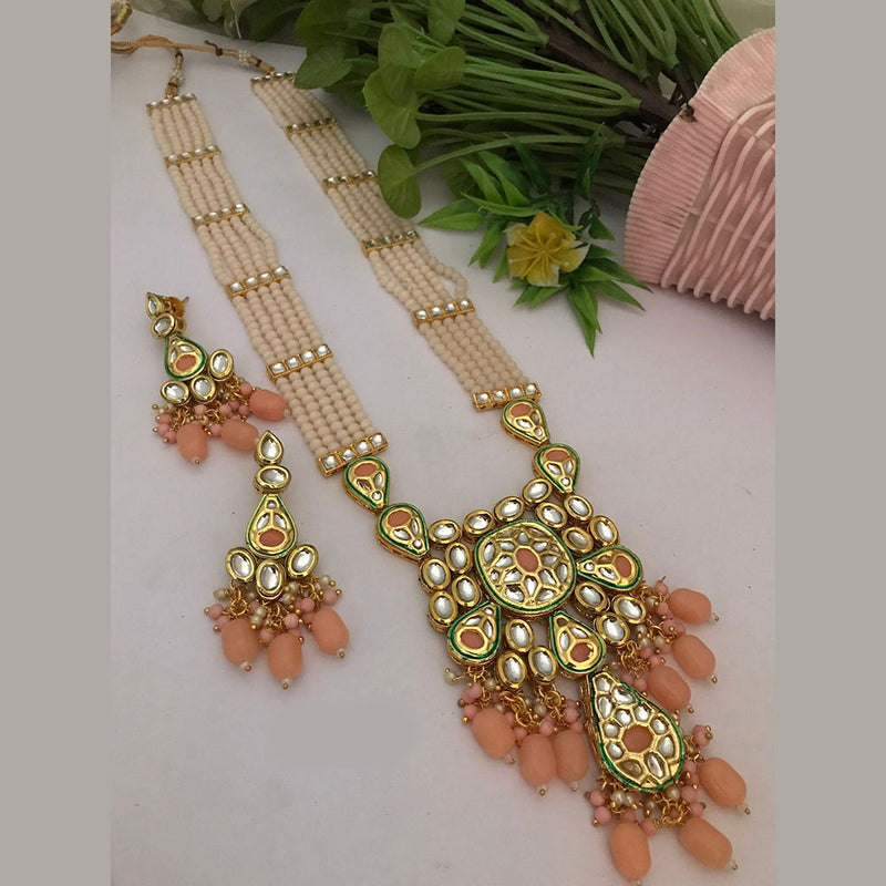 FS Collection Gold Plated Kundan Stone And Pearls Long Necklace Set