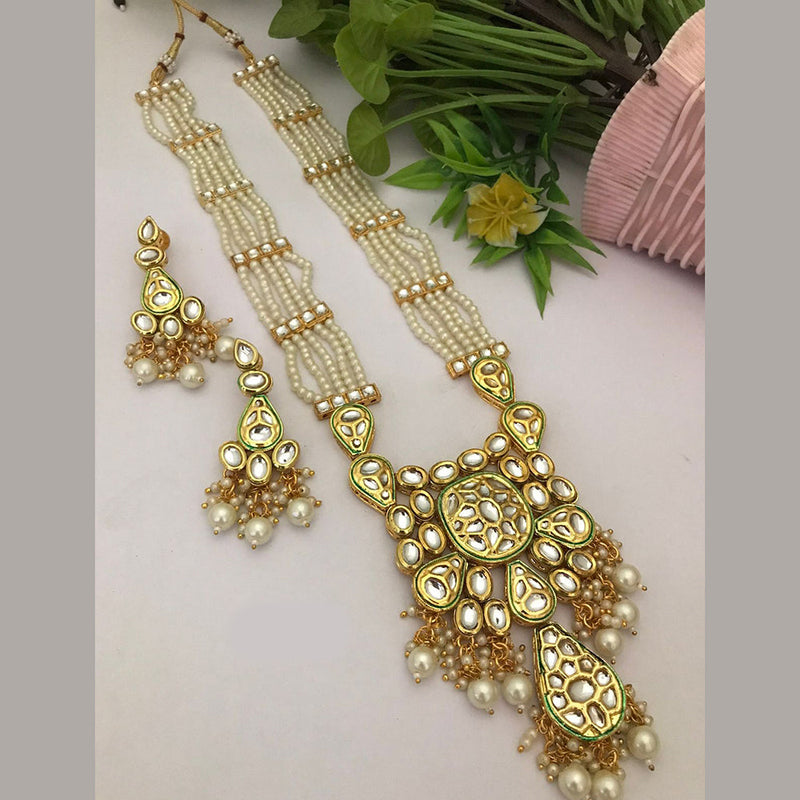 FS Collection Gold Plated Kundan Stone And Pearls Long Necklace Set