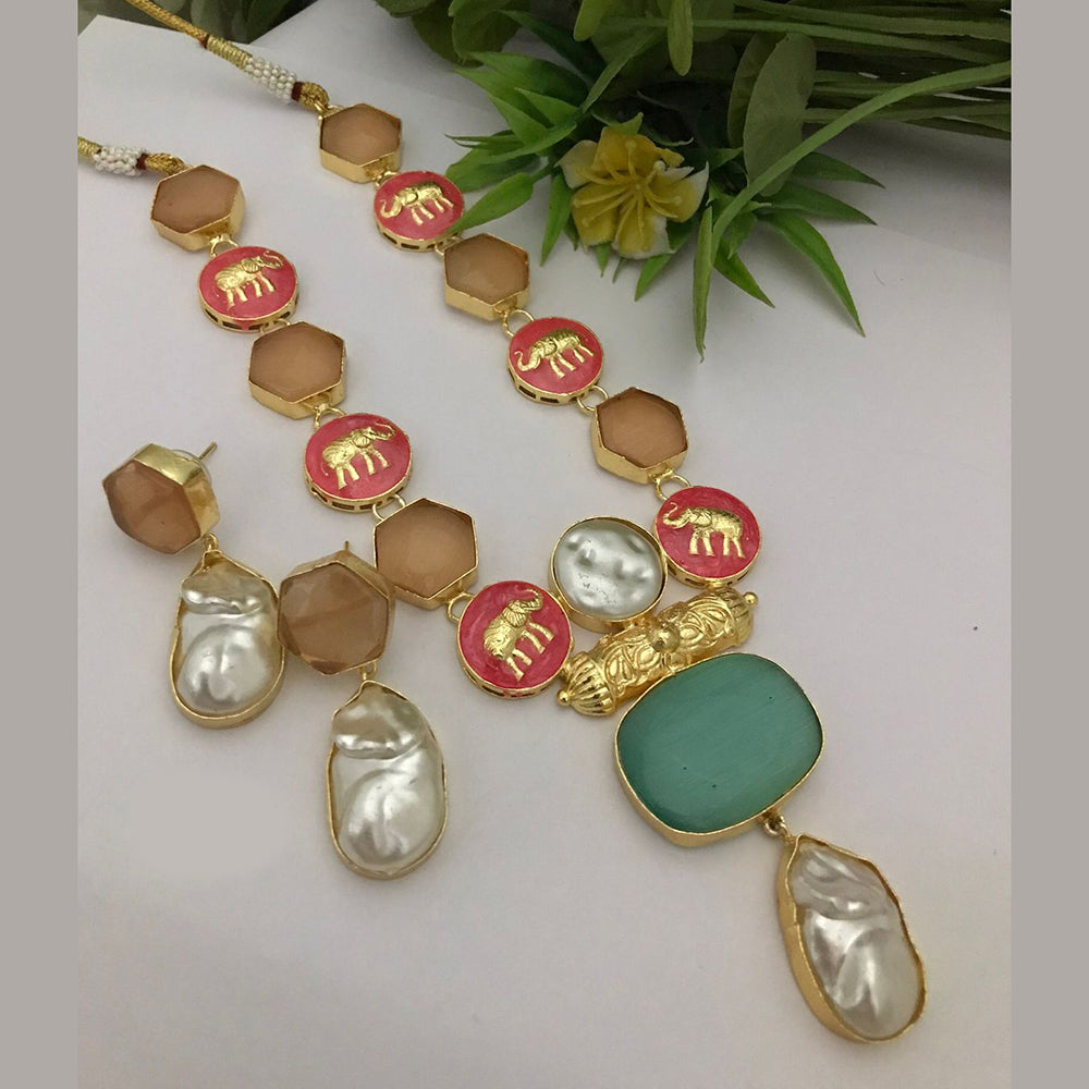 FS Collection Gold Plated Mother Of Pearls Elephant Style Necklace Set