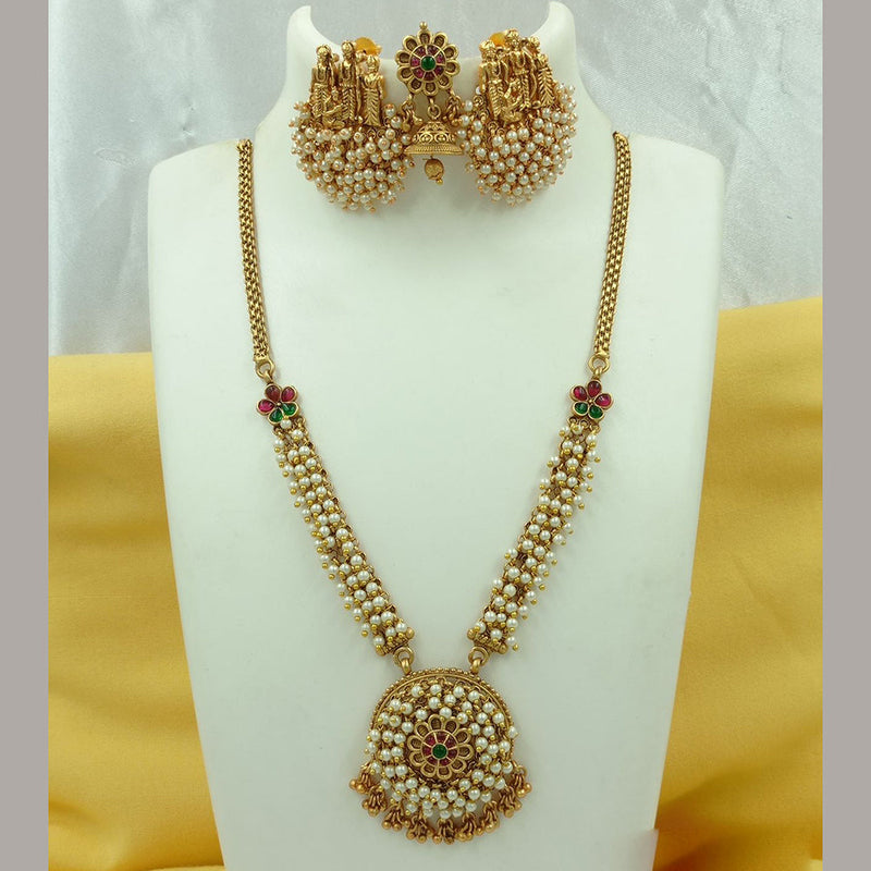 FS Collection Gold Plated Pota Stone And Pearls Long Necklace Set