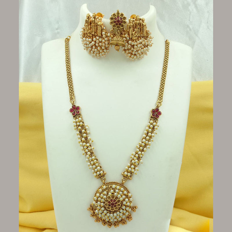 FS Collection Gold Plated Pota Stone And Pearls Long Necklace Set